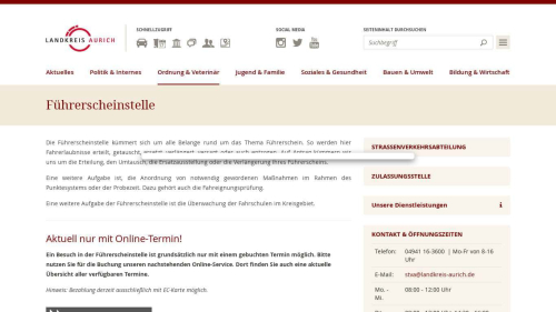 Webcapture/Screenshot der Webseite https://www.landkreis-aurich.de/ordnung-veterinaer/ordnungswesen/strassenverkehrsabteilung/fuehrerscheinstelle.html