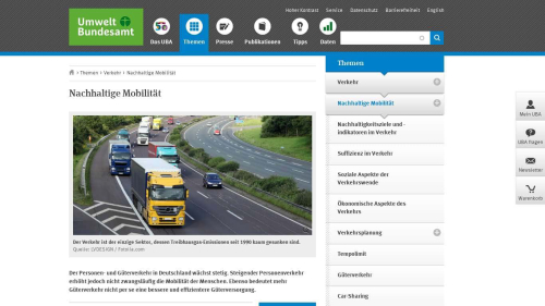 Webcapture/Screenshot der Webseite https://www.umweltbundesamt.de/themen/verkehr-laerm/nachhaltige-mobilitaet